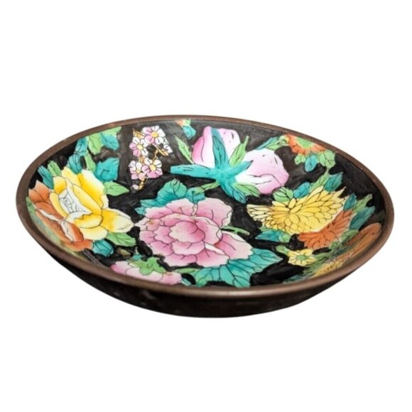 Vintage  floral Chinese enamel brass bowl with wall hook 6" trinket dish decor - Picture 1 of 7